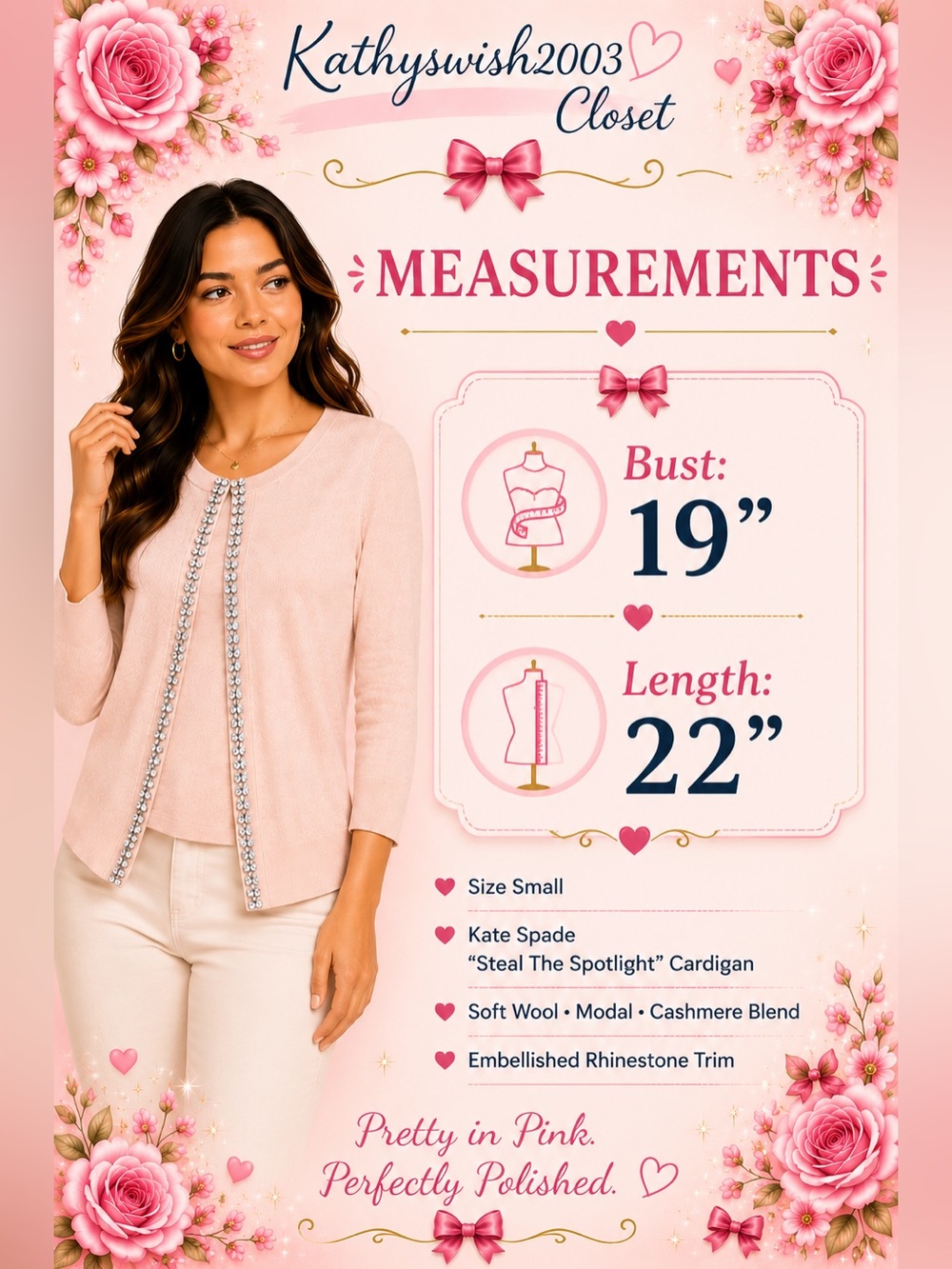 Kate Spade Steal The Spotlight Light Pink Cardigan with Embellished Trim Size S - Picture 4 of 15